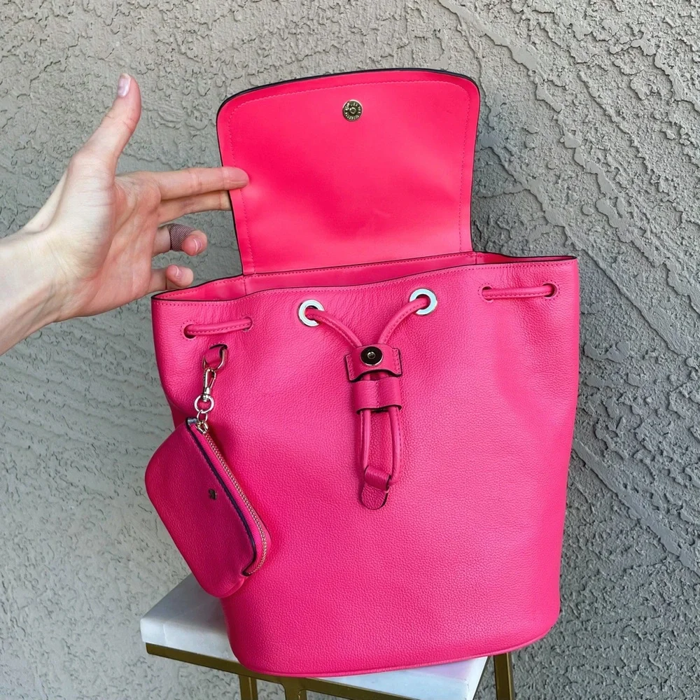 KATE SPADE Pink Leather Rosie Medium Flap Backpack w Keychain Pouch Stripe Strap